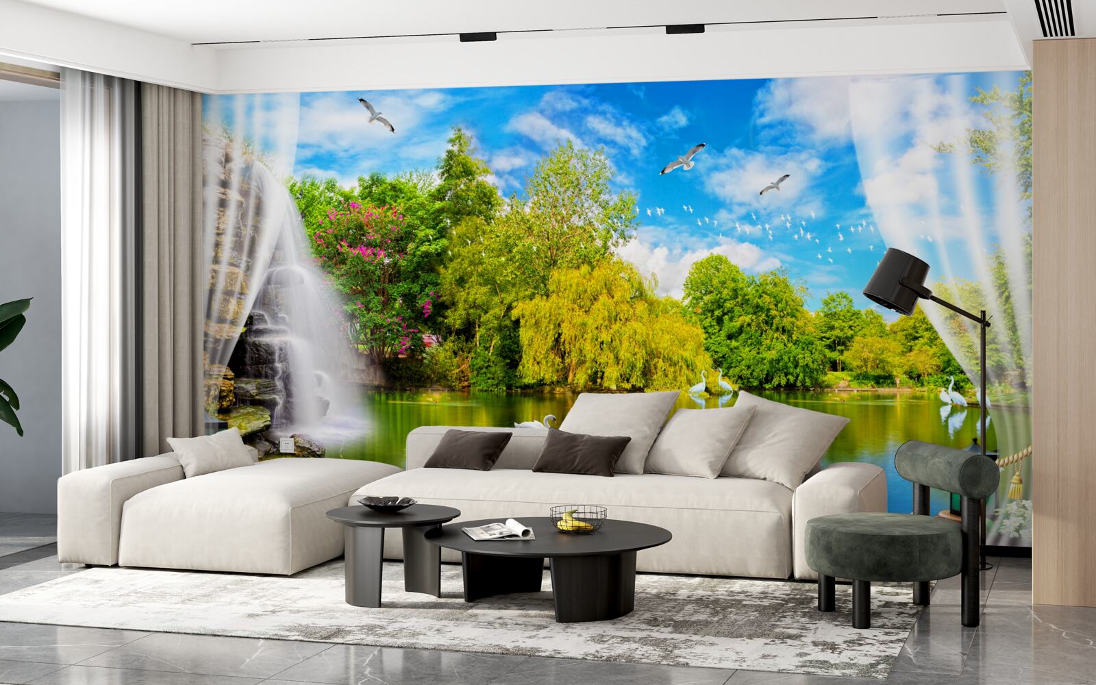 Фотошпалери тераса з прекрасним видом на Лебедине озеро