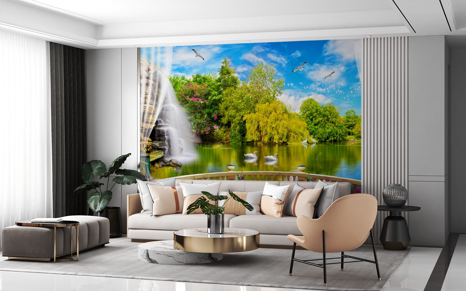 Фотошпалери тераса з прекрасним видом на Лебедине озеро