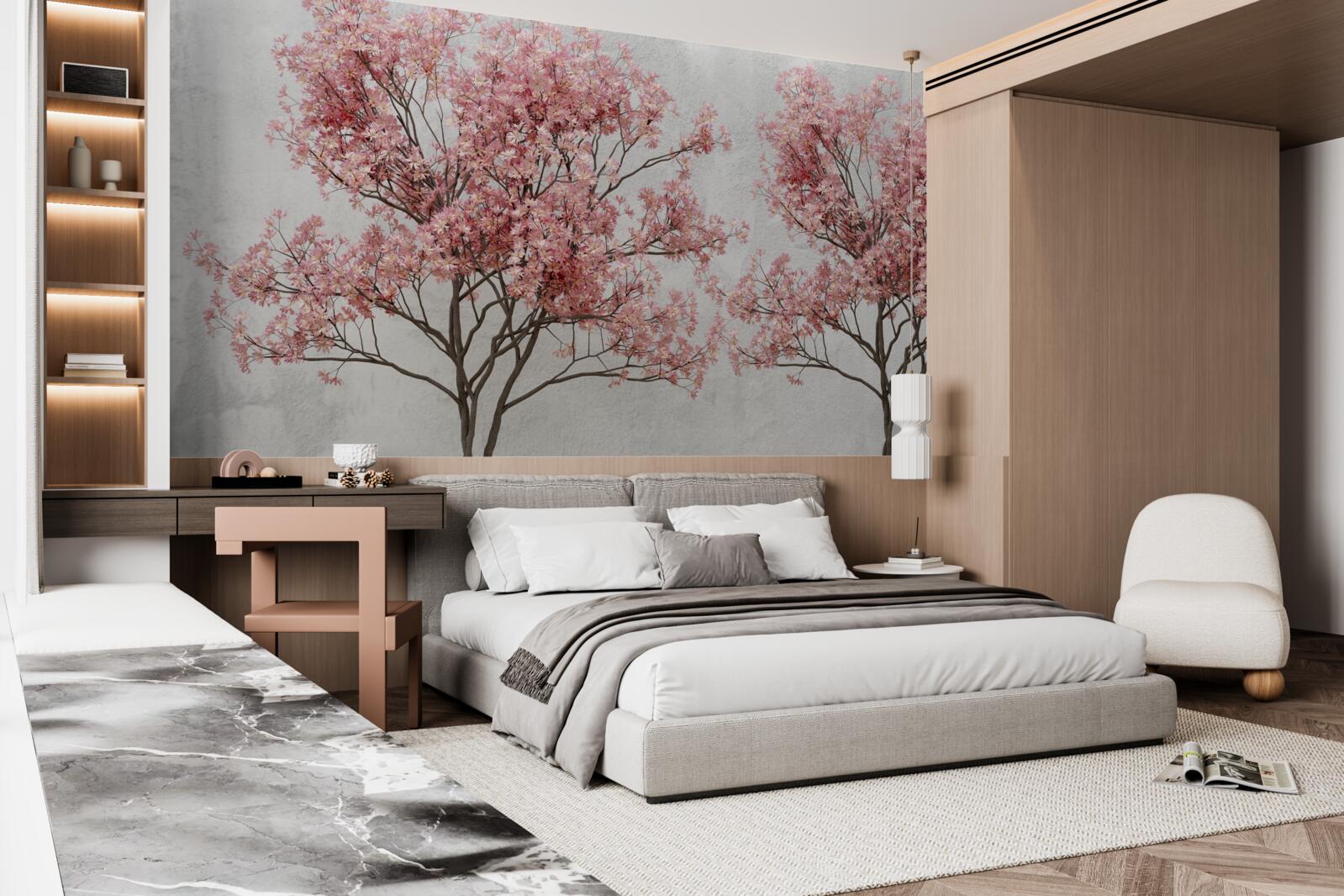 Фотошпалери ранковий туман оточує рожеві квіти сакури