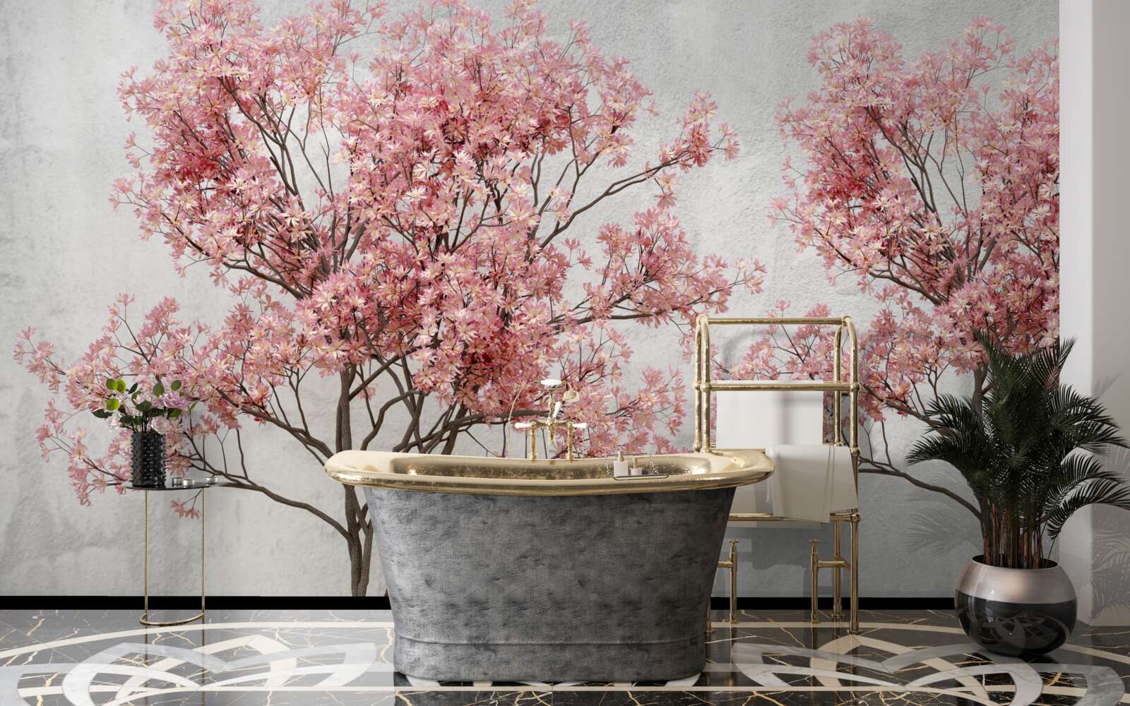 Фотошпалери ранковий туман оточує рожеві квіти сакури