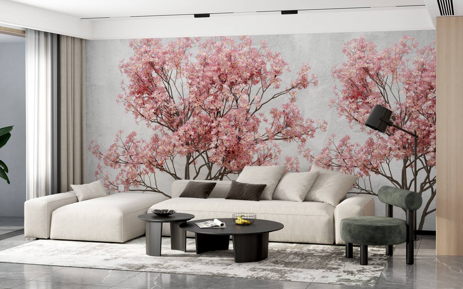 Фотошпалери ранковий туман оточує рожеві квіти сакури