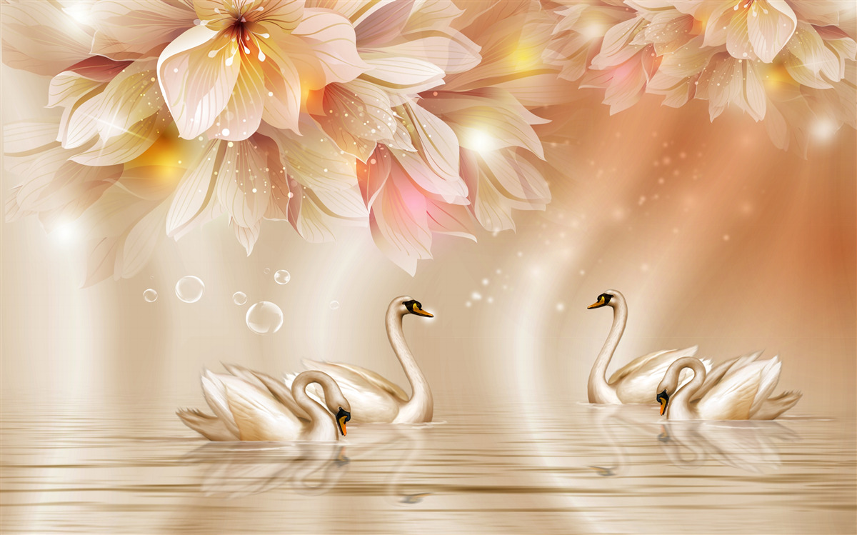 Фотошпалери квіти та група граціозних лебедів на поверхні води