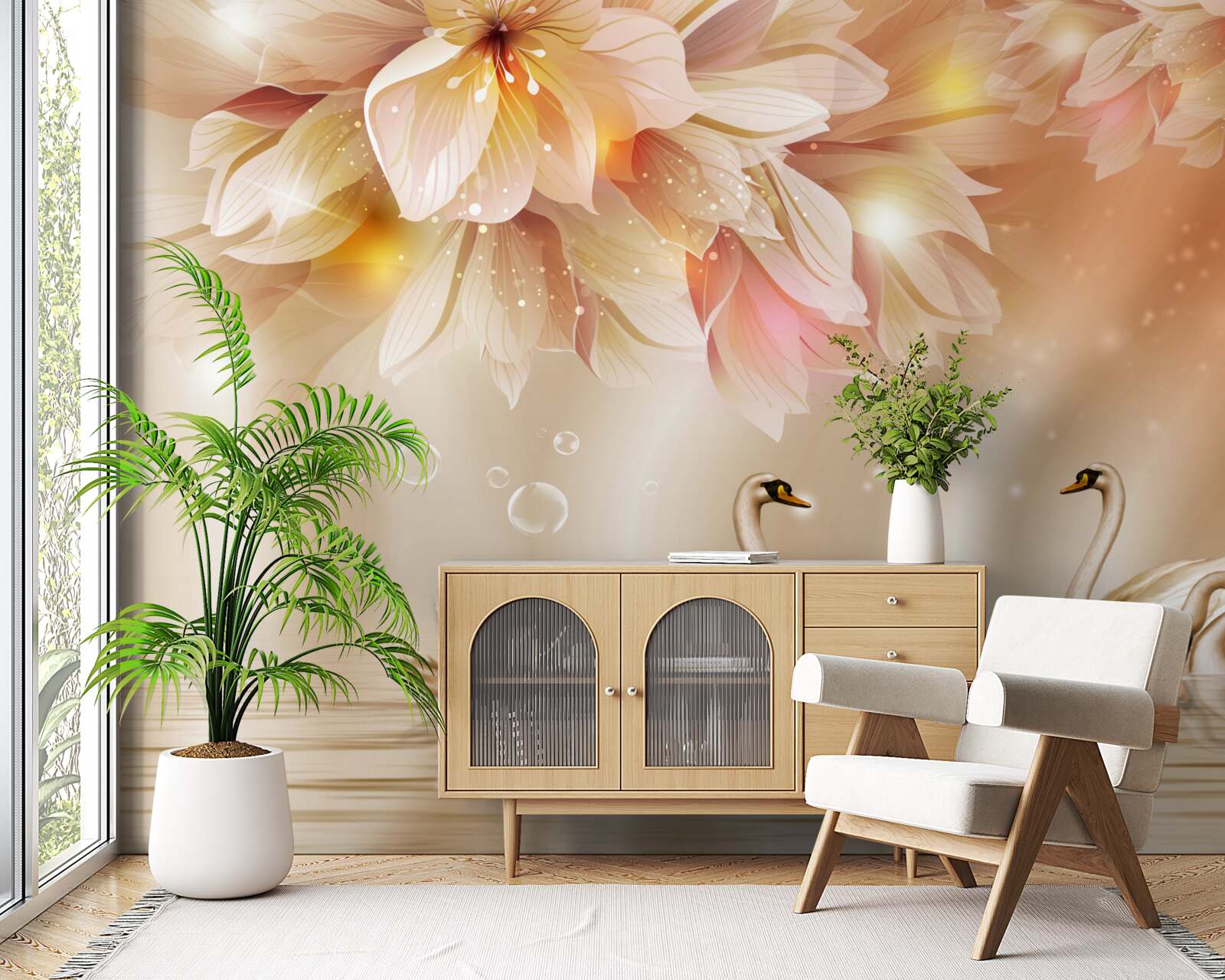 Фотошпалери квіти та група граціозних лебедів на поверхні води