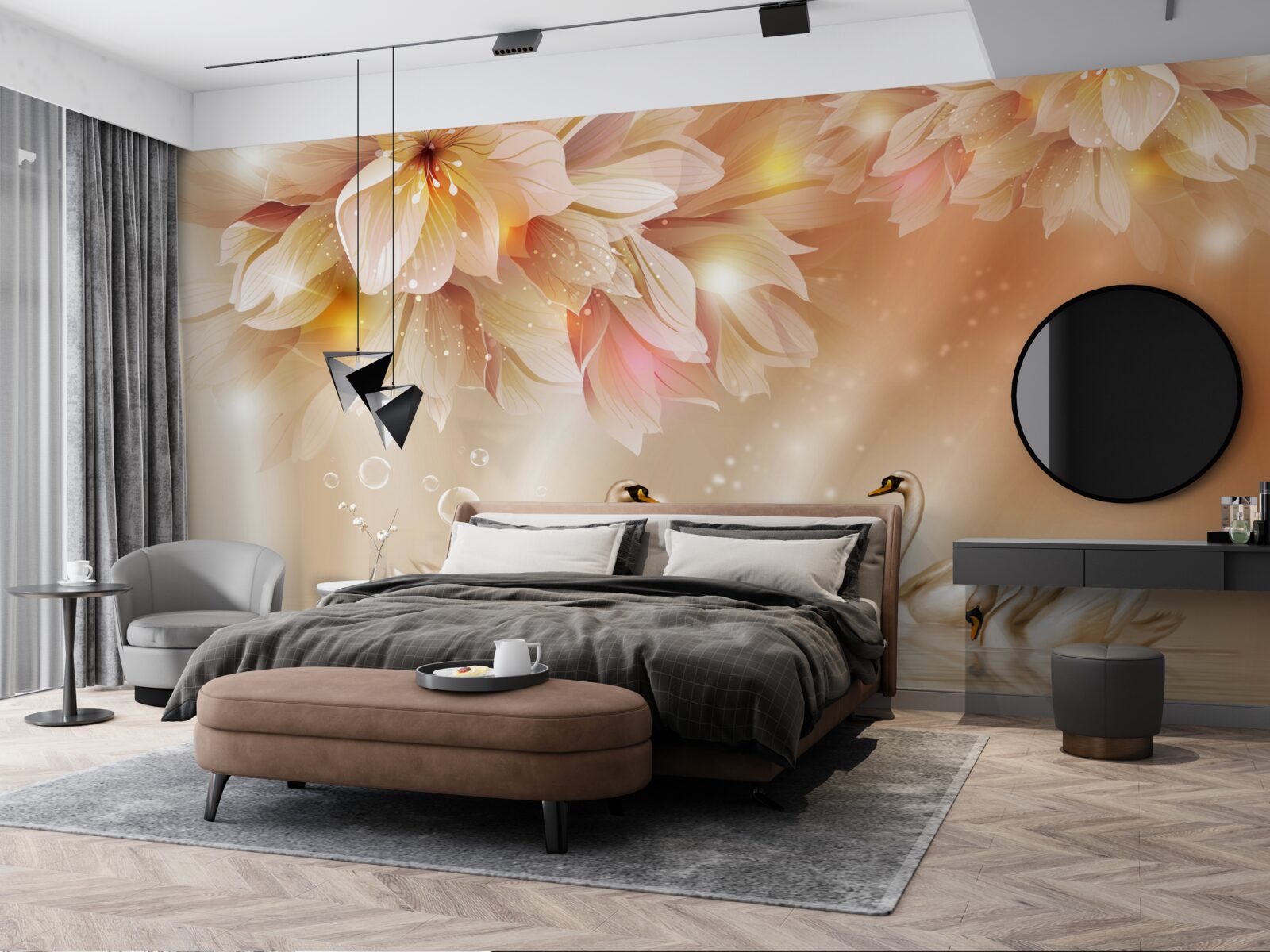 Фотошпалери квіти та група граціозних лебедів на поверхні води