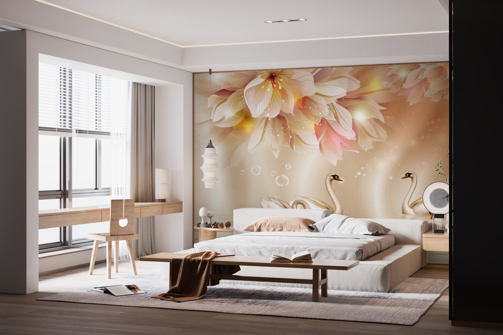 Фотошпалери квіти та група граціозних лебедів на поверхні води