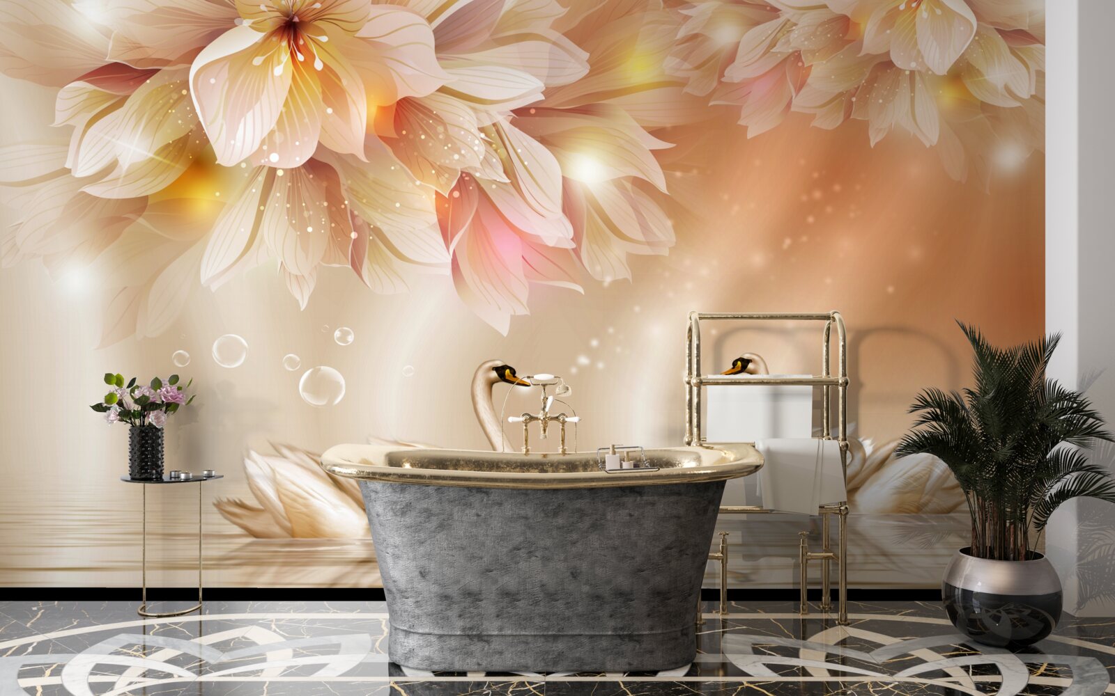 Фотошпалери квіти та група граціозних лебедів на поверхні води