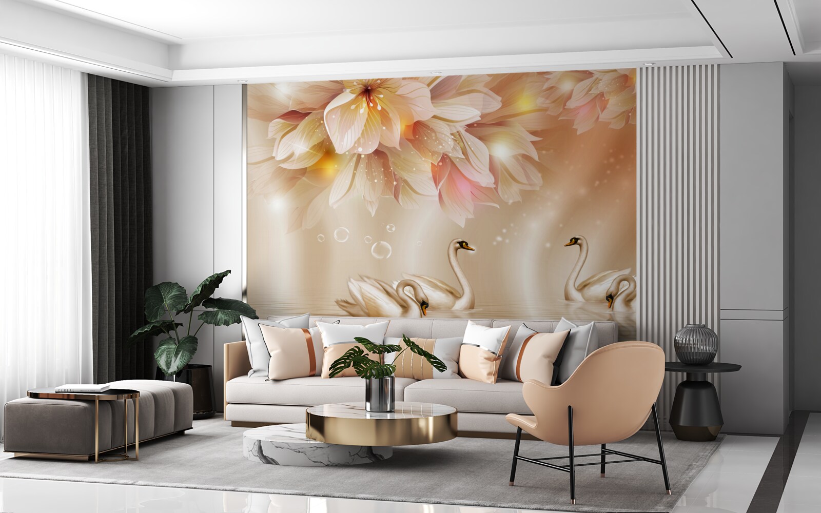 Фотошпалери квіти та група граціозних лебедів на поверхні води