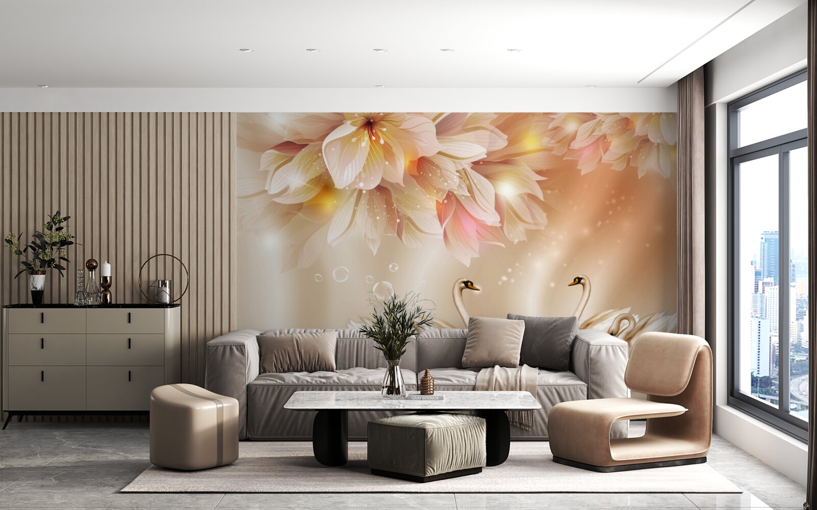 Фотошпалери квіти та група граціозних лебедів на поверхні води