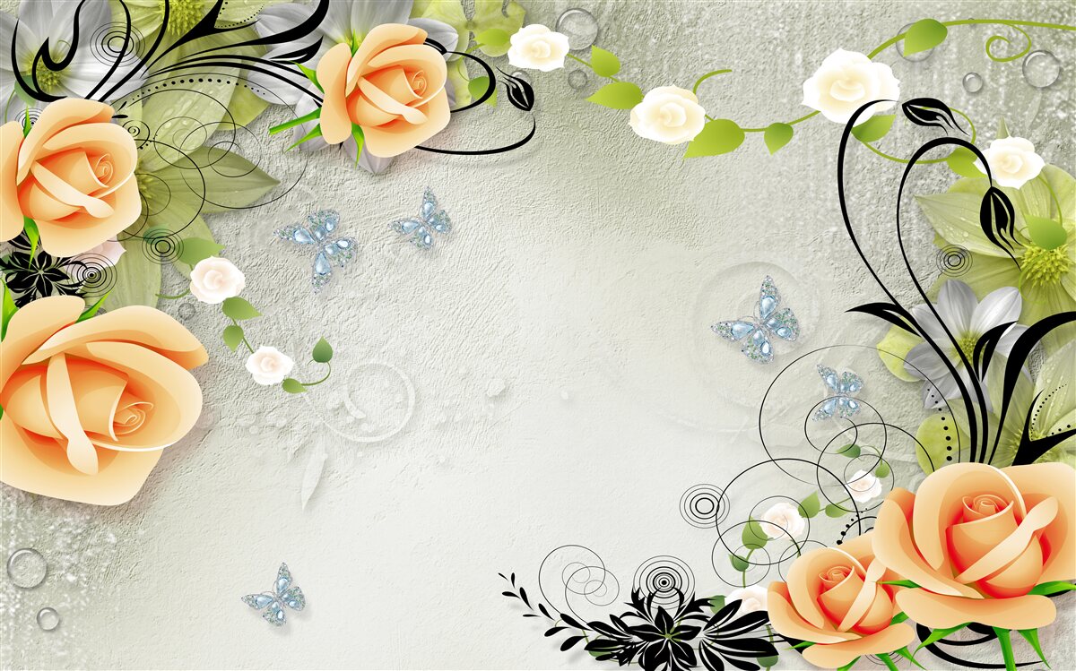 Фотошпалери метелики на гілках персикової троянди