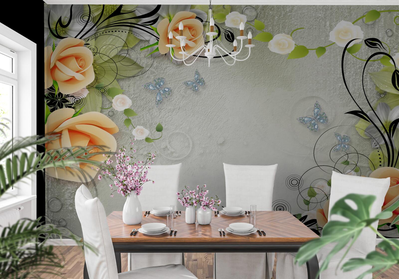 Фотошпалери метелики на гілках персикової троянди