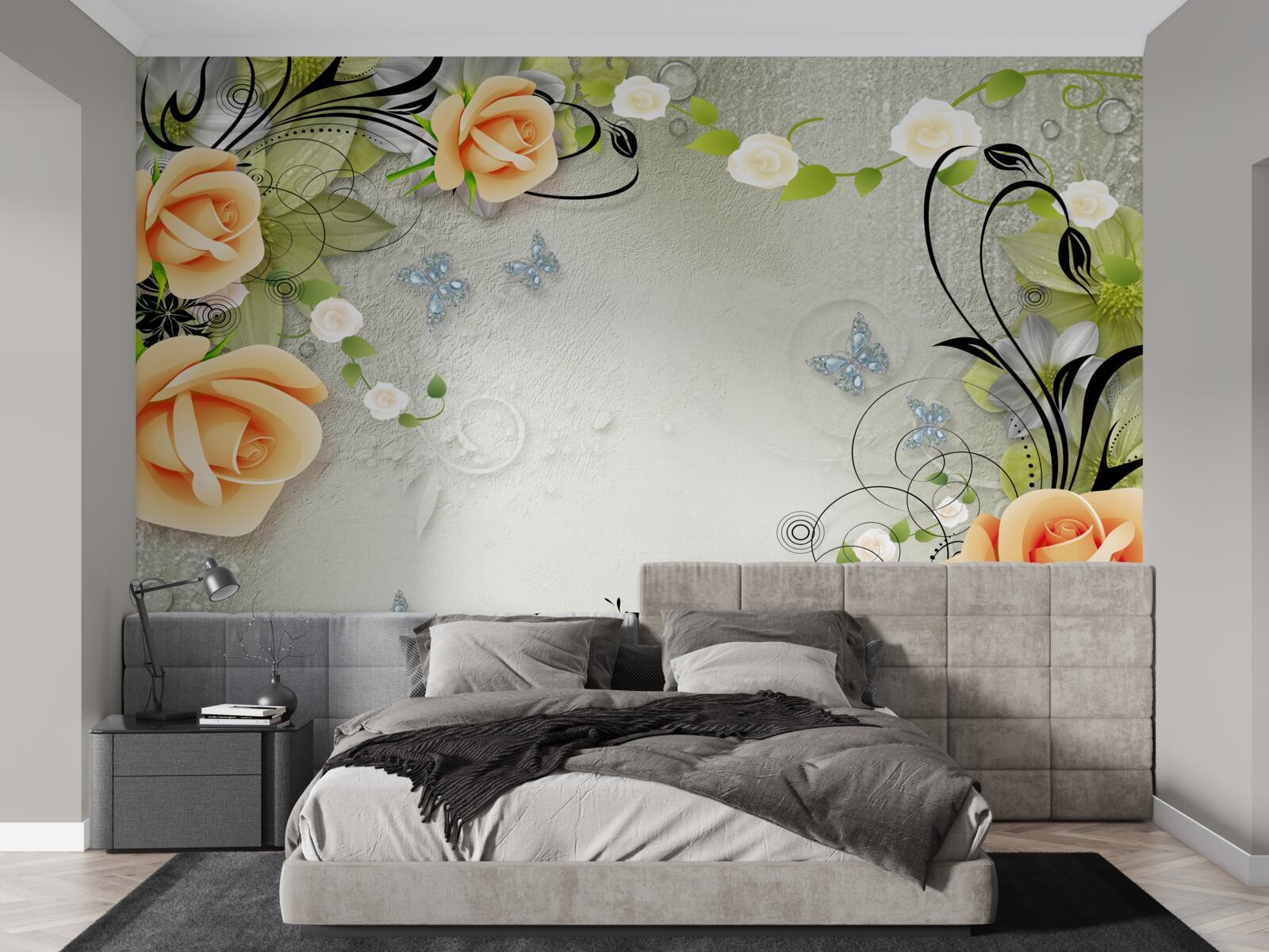 Фотошпалери метелики на гілках персикової троянди