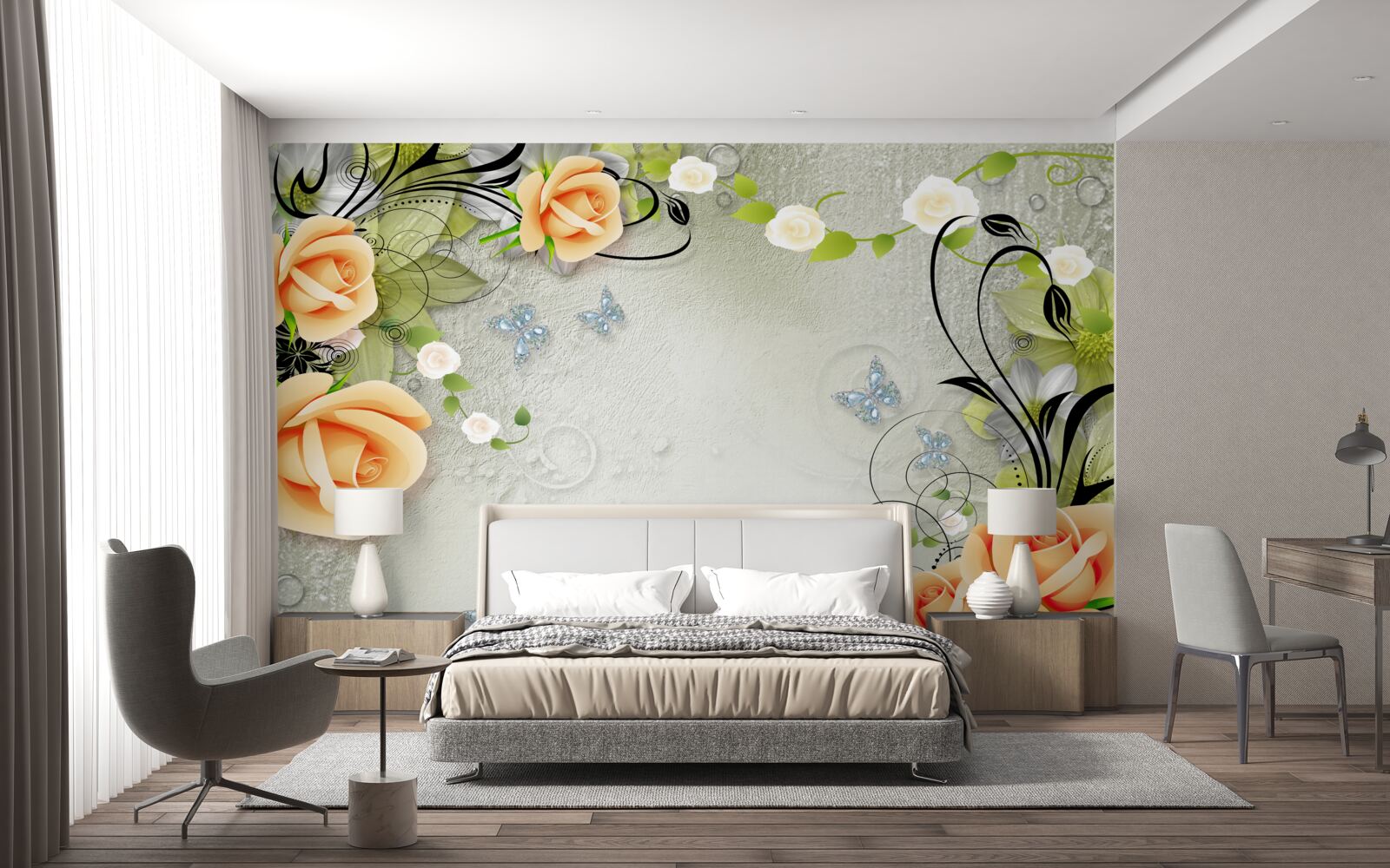 Фотошпалери метелики на гілках персикової троянди