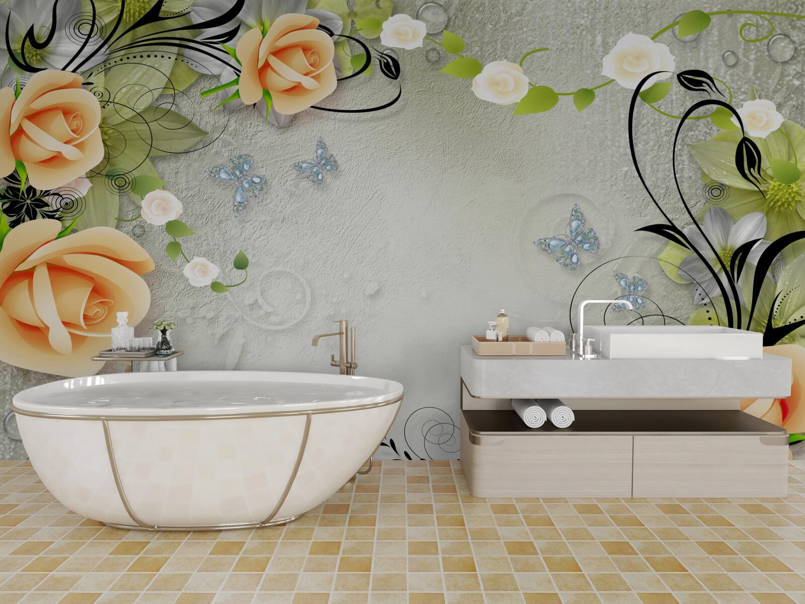 Фотошпалери метелики на гілках персикової троянди