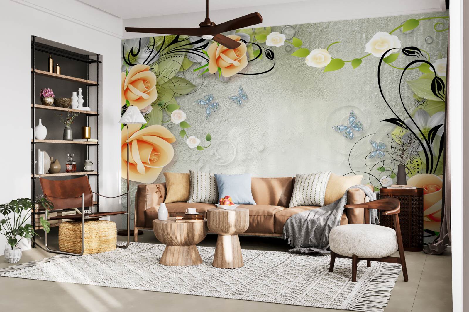 Фотошпалери метелики на гілках персикової троянди