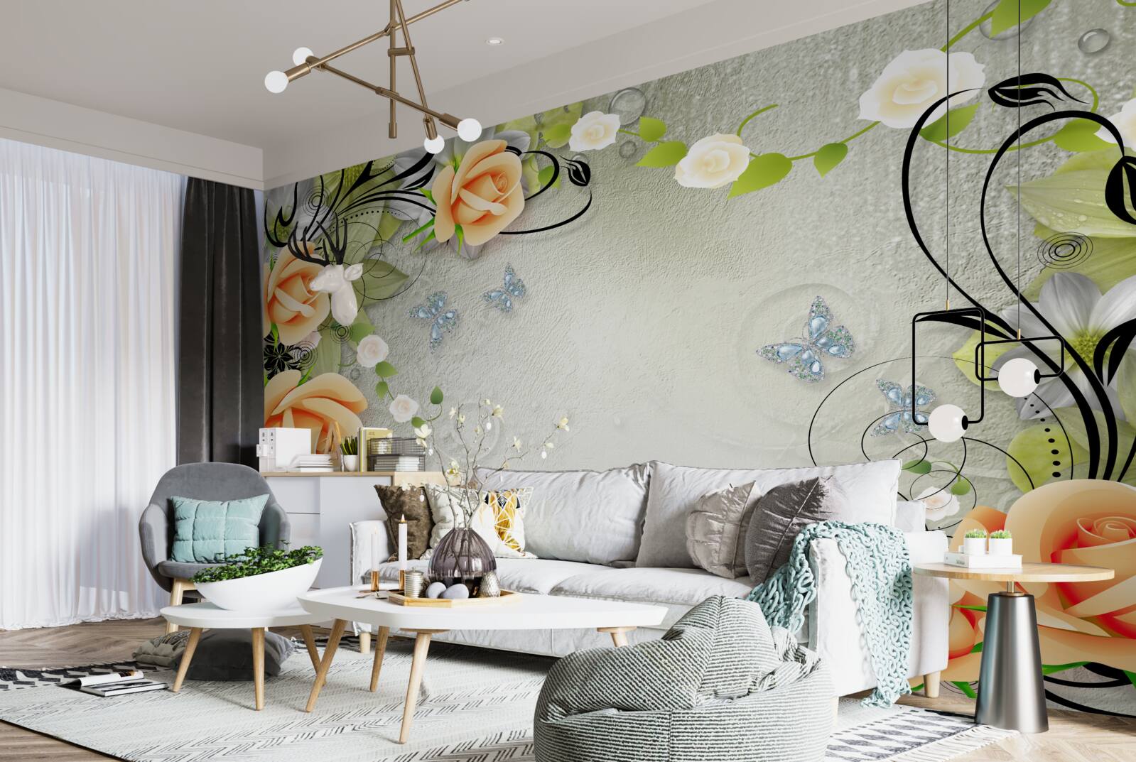 Фотошпалери метелики на гілках персикової троянди