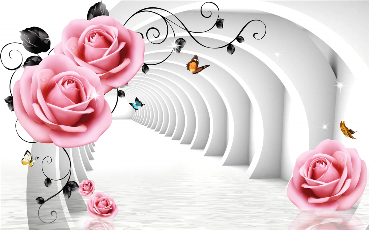 Фотошпалери безперервний прохід, що світиться, і рожеві квіти троянд