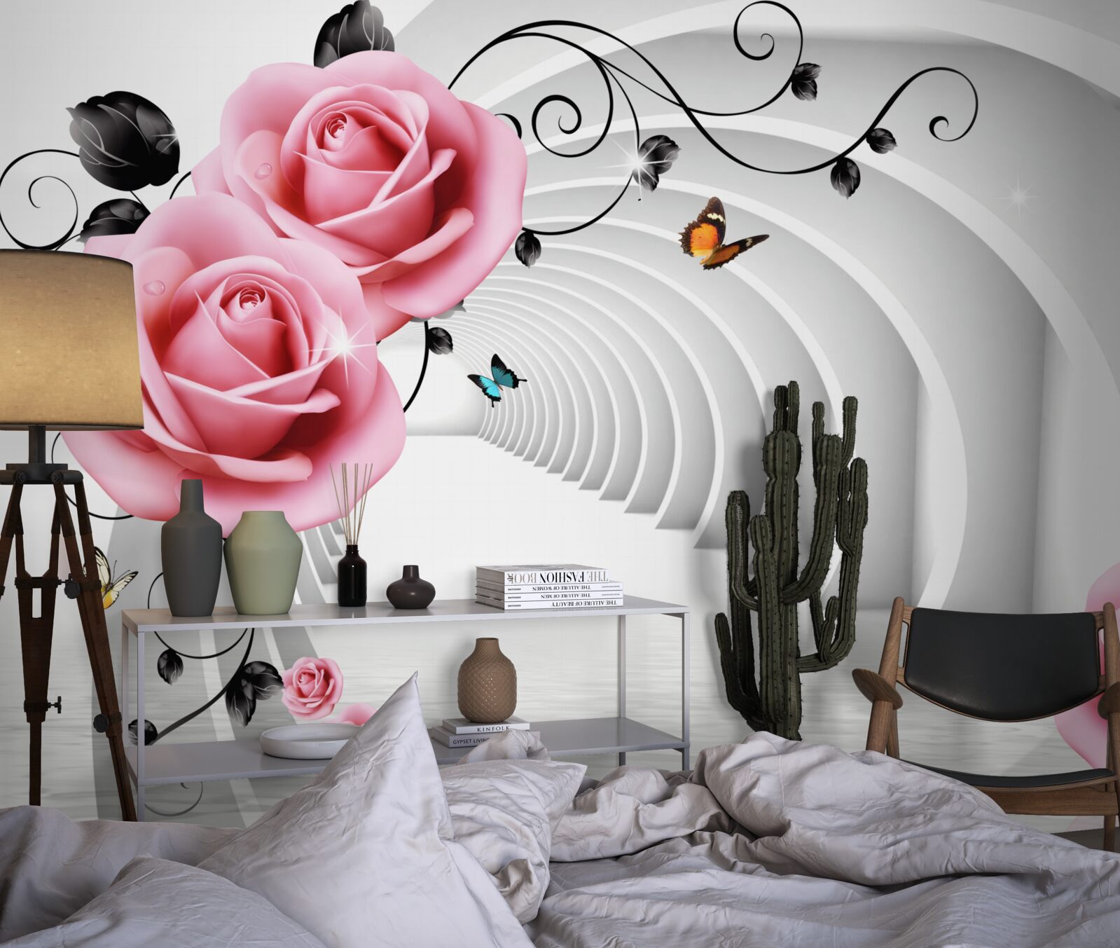 Фотошпалери безперервний прохід, що світиться, і рожеві квіти троянд