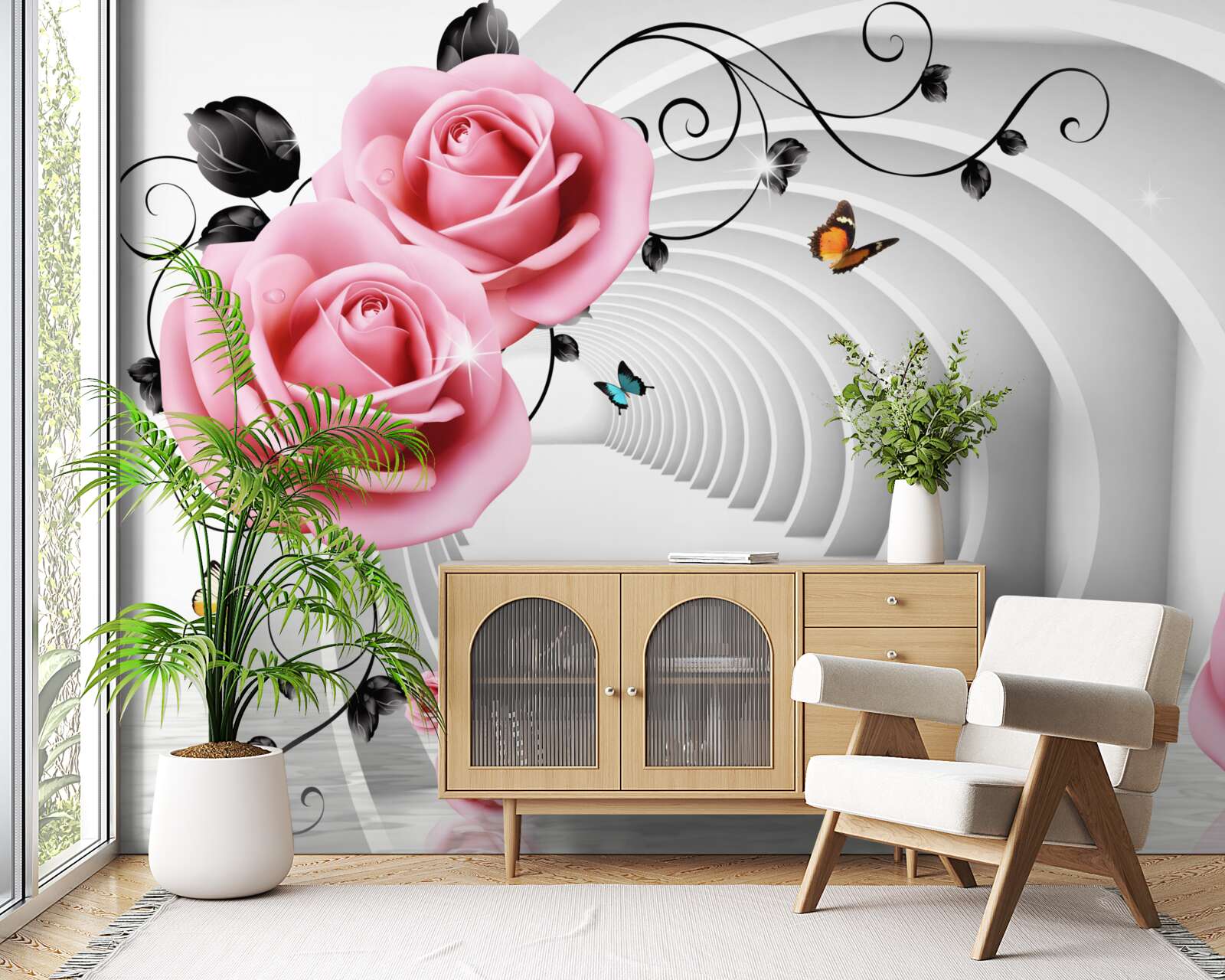 Фотошпалери безперервний прохід, що світиться, і рожеві квіти троянд