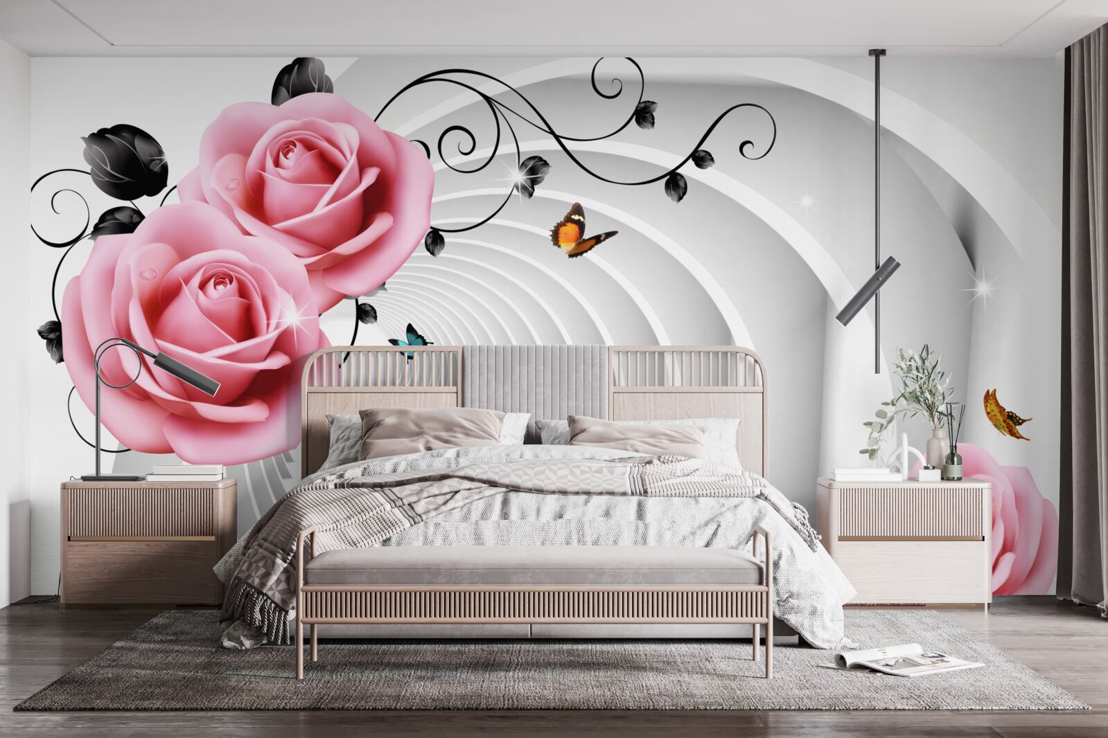 Фотошпалери безперервний прохід, що світиться, і рожеві квіти троянд