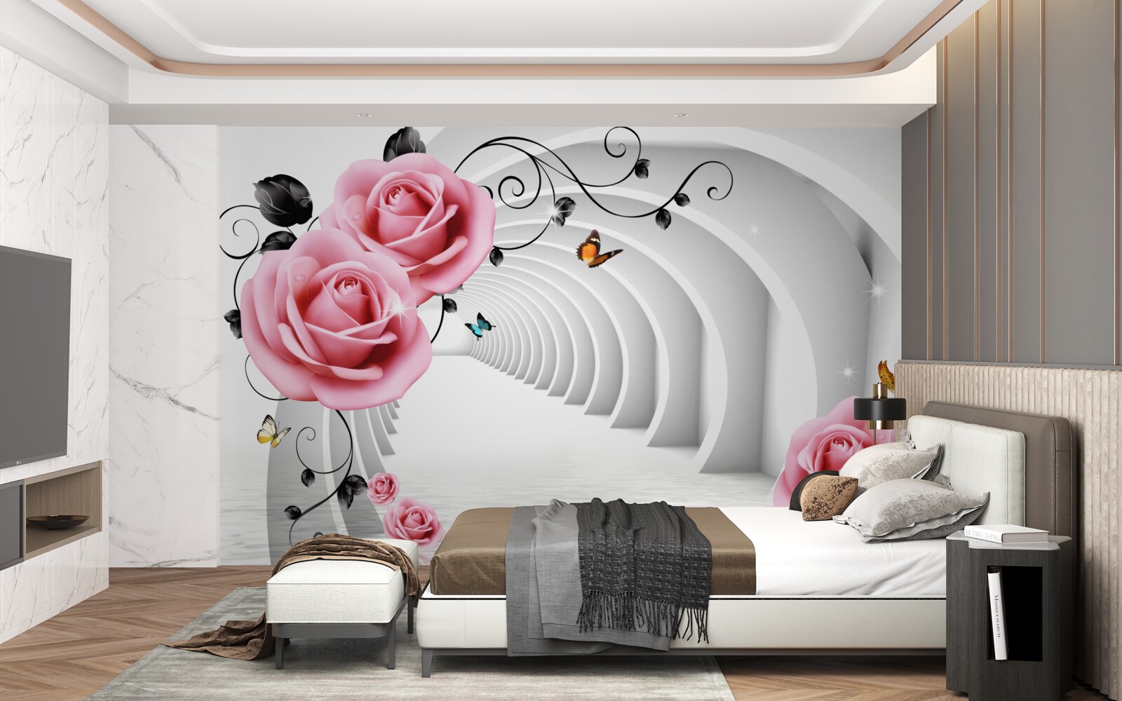 Фотошпалери безперервний прохід, що світиться, і рожеві квіти троянд