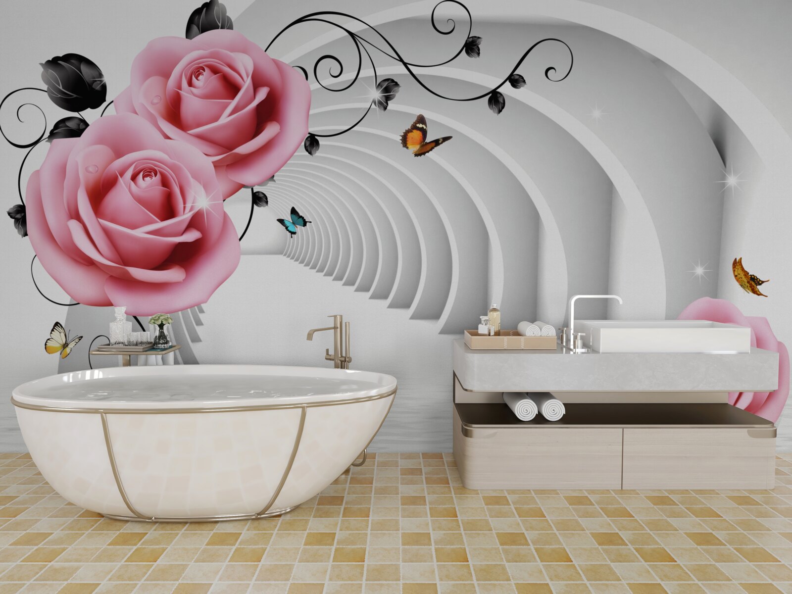 Фотошпалери безперервний прохід, що світиться, і рожеві квіти троянд