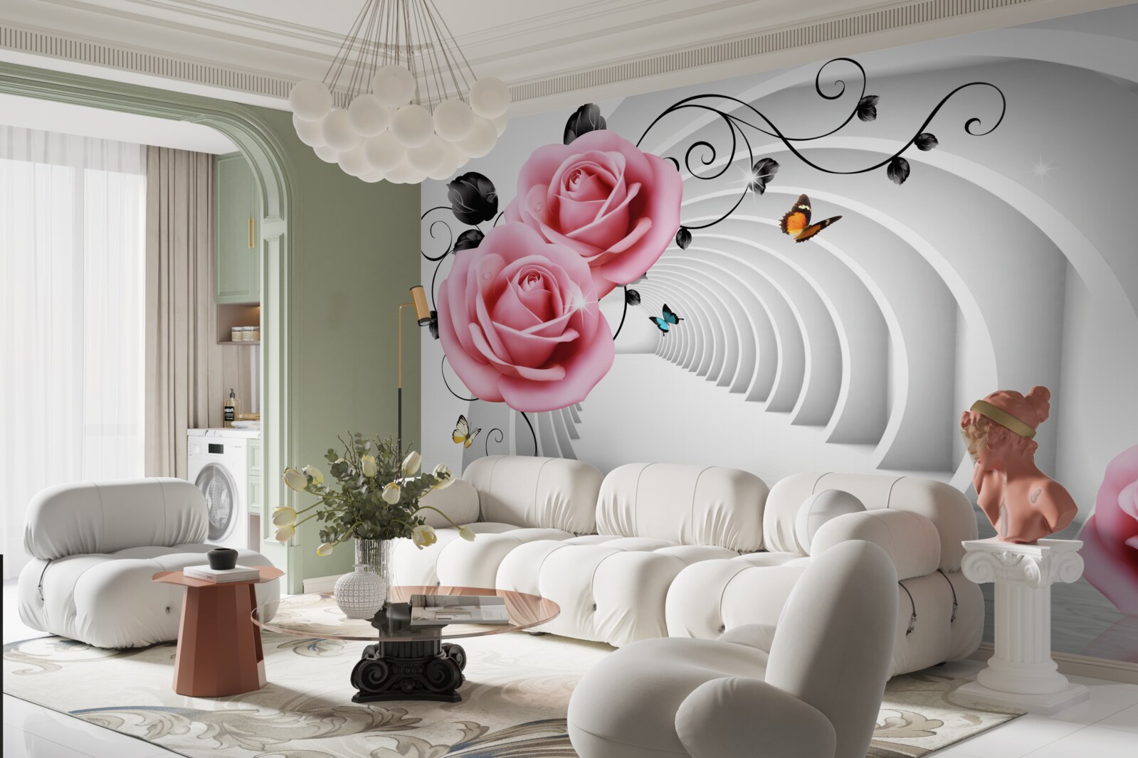 Фотошпалери безперервний прохід, що світиться, і рожеві квіти троянд