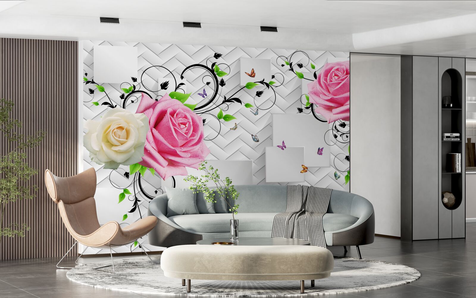 Фотошпалери білі та рожеві троянди на абстрактному тлі