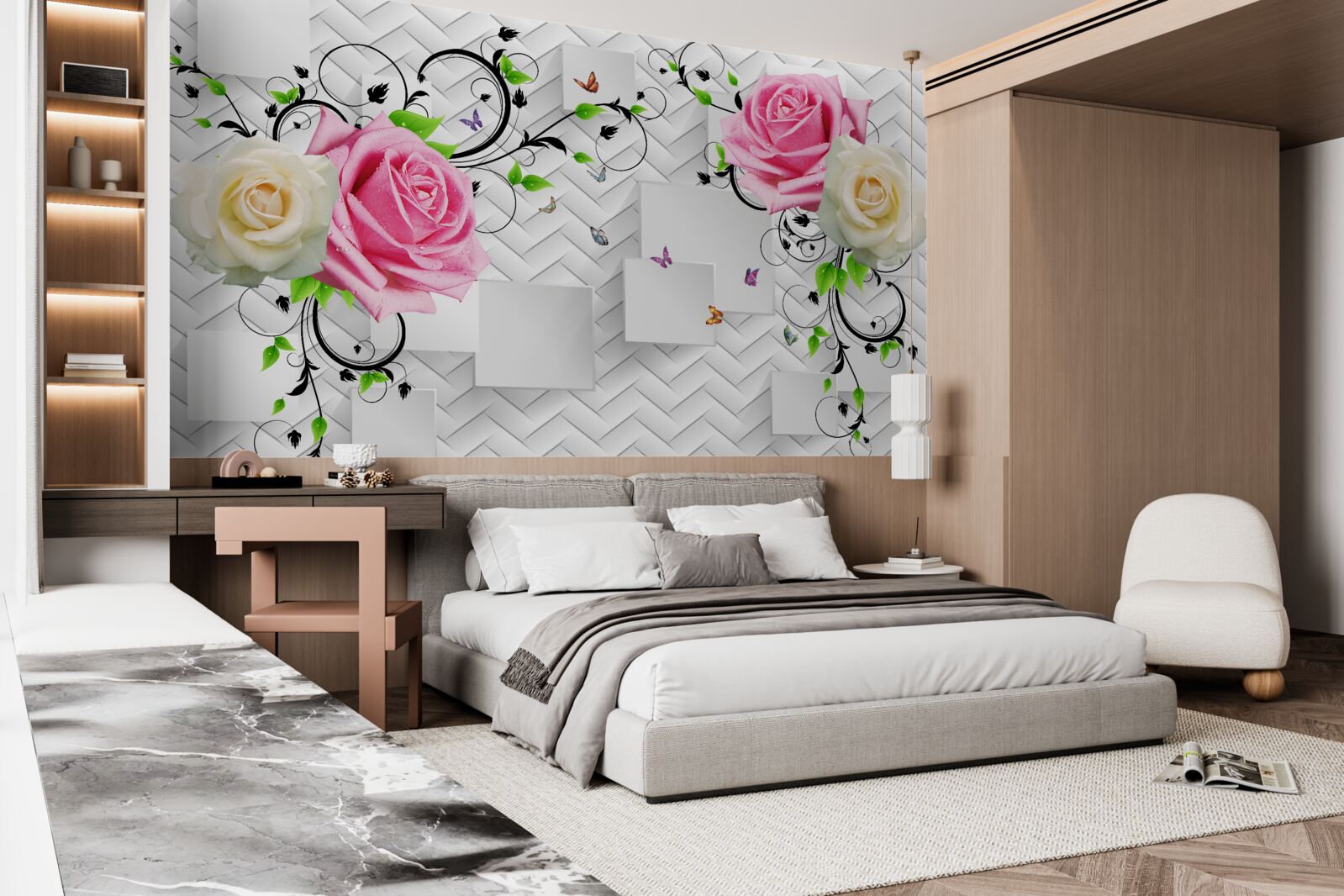 Фотошпалери білі та рожеві троянди на абстрактному тлі