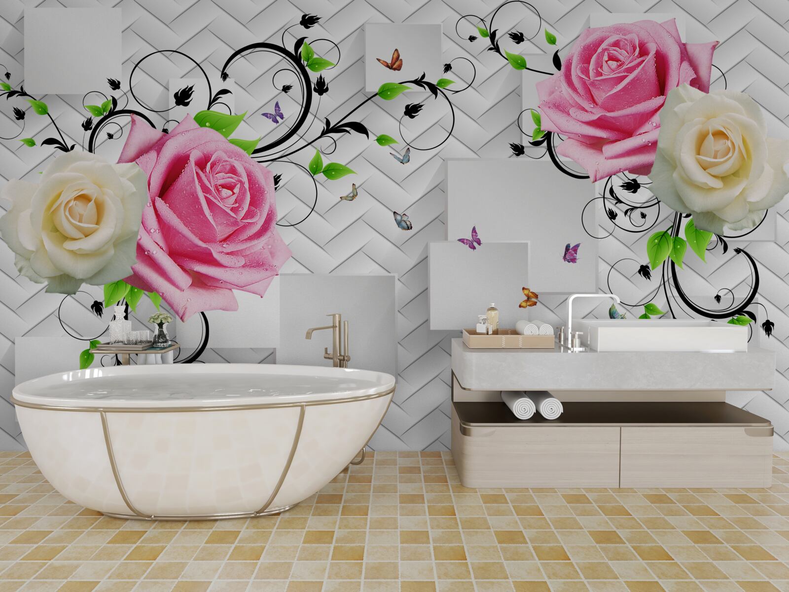 Фотошпалери білі та рожеві троянди на абстрактному тлі