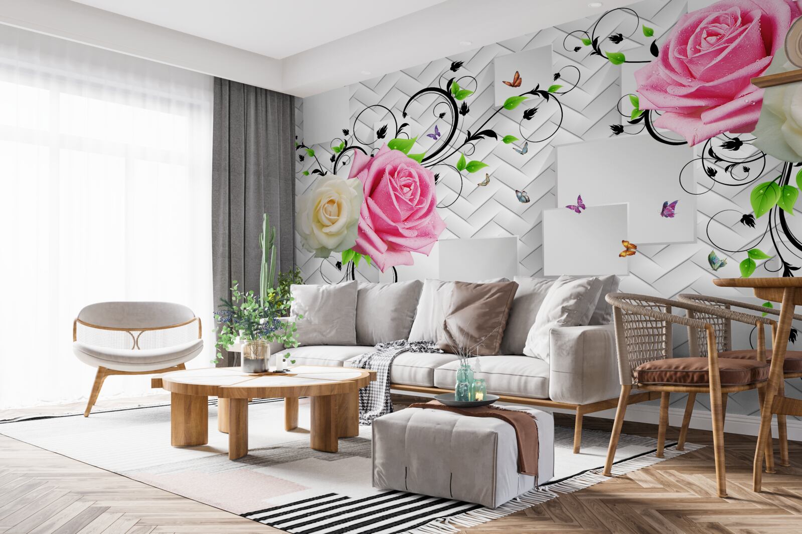 Фотошпалери білі та рожеві троянди на абстрактному тлі