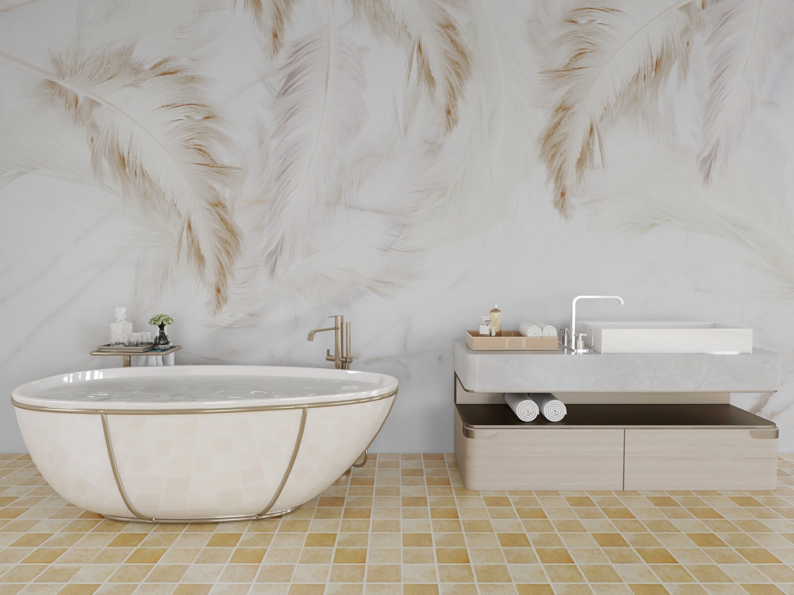 Фотошпалери яскраве тло з золотистими складними пір'яними секціями