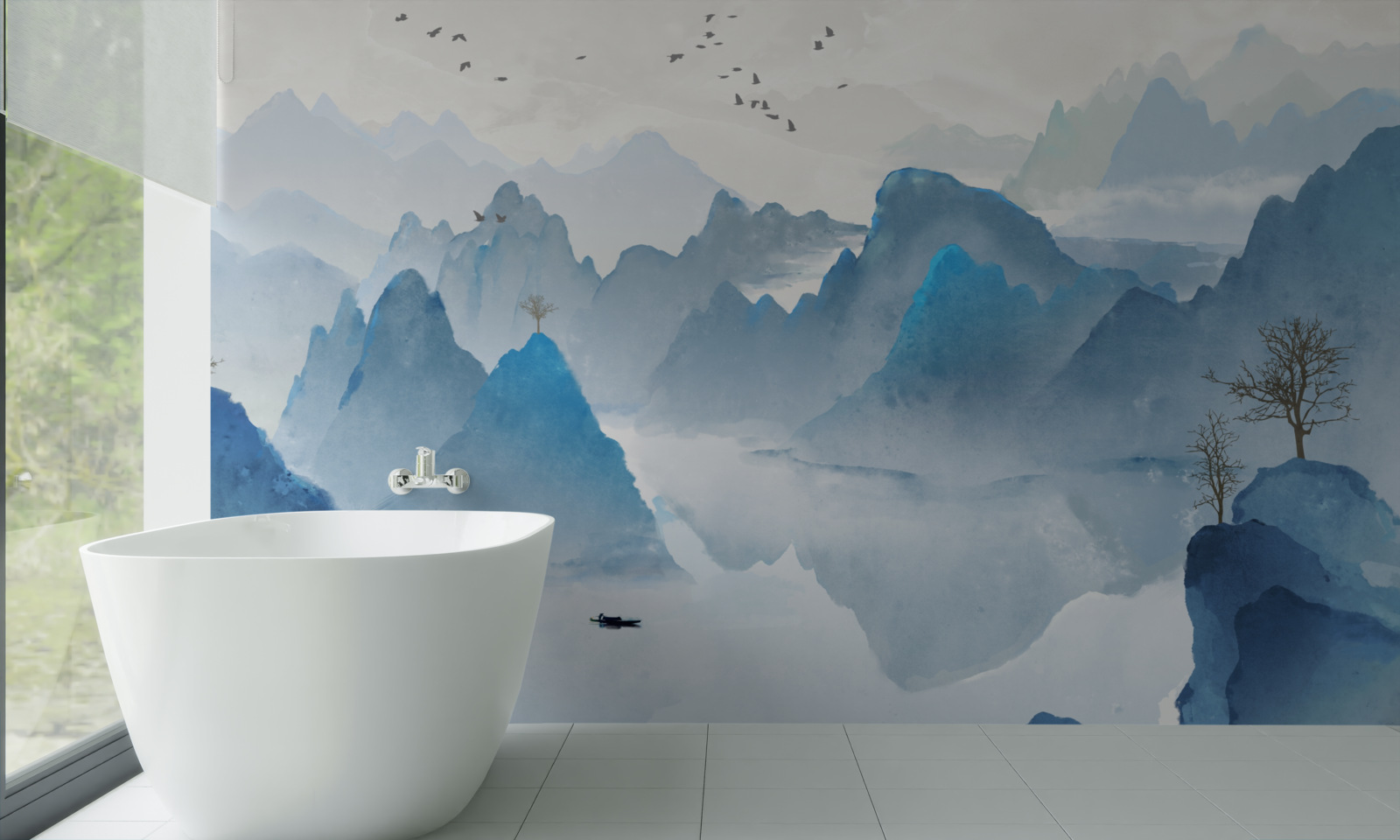 Фотошпалери рибалка на спокійній гірській річці