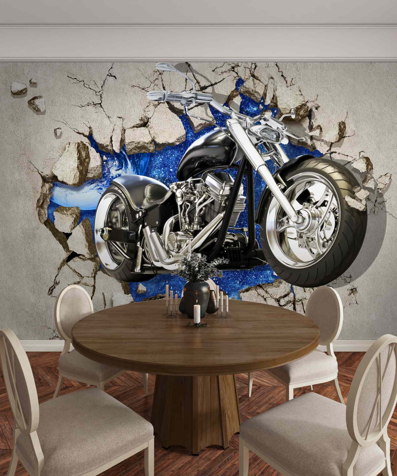 Фотошпалери чорний мотоцикл, зображений на стіні