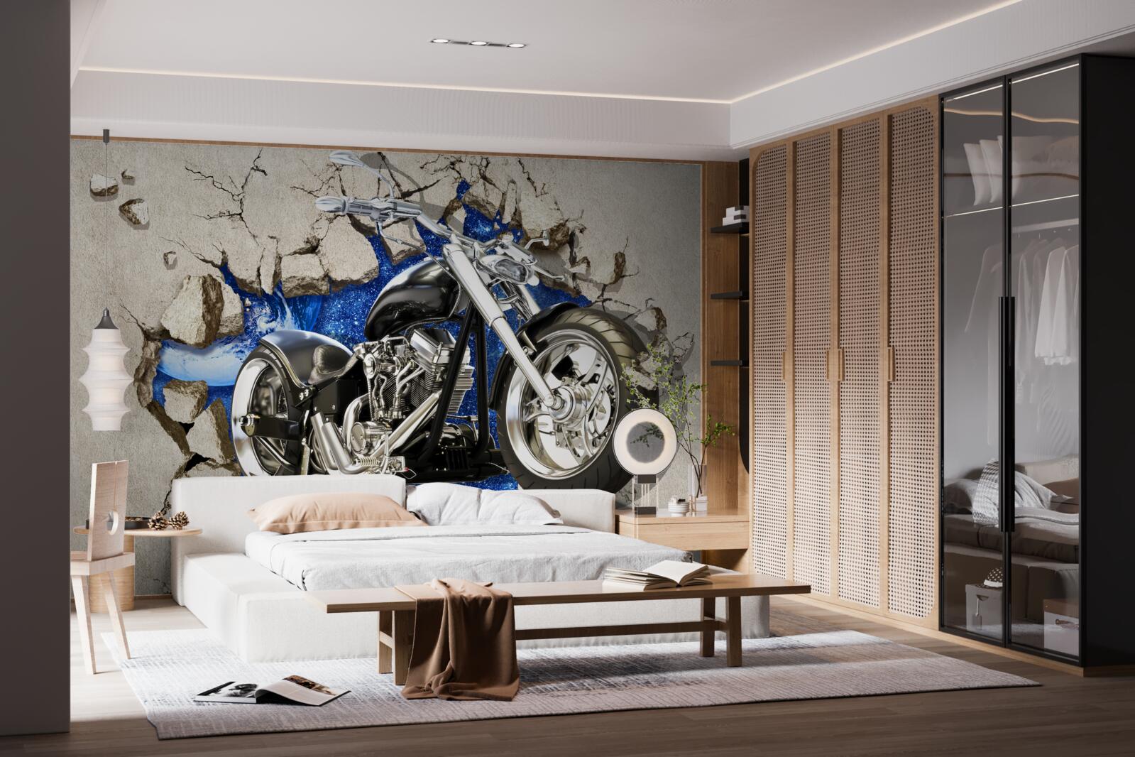 Фотошпалери чорний мотоцикл, зображений на стіні