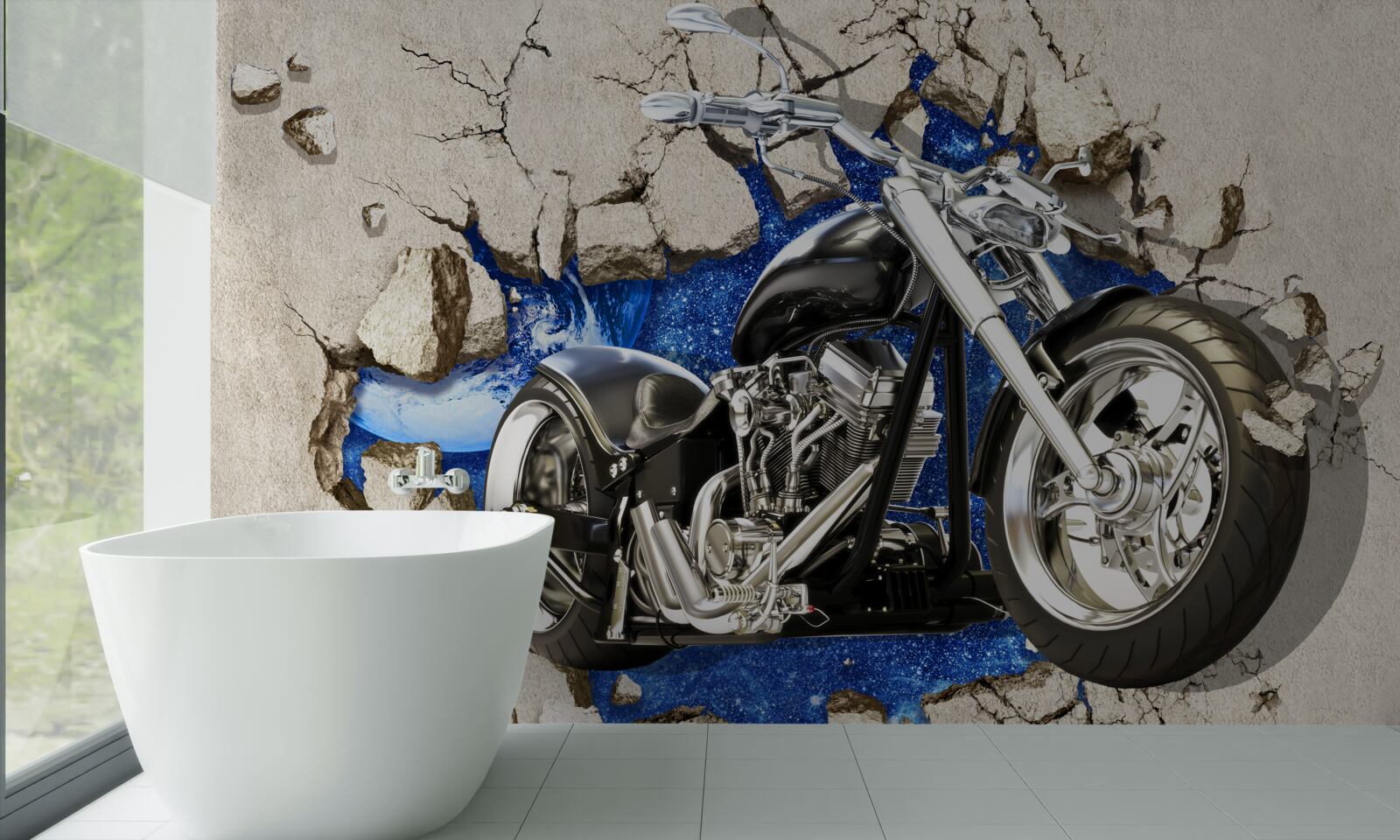 Фотошпалери чорний мотоцикл, зображений на стіні