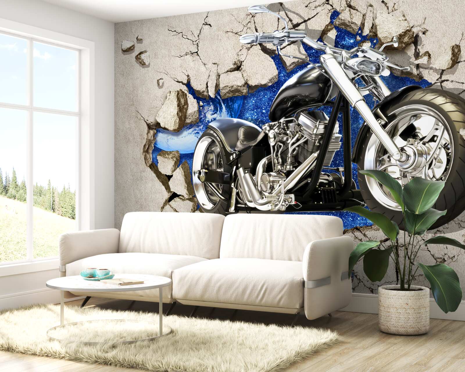 Фотошпалери чорний мотоцикл, зображений на стіні