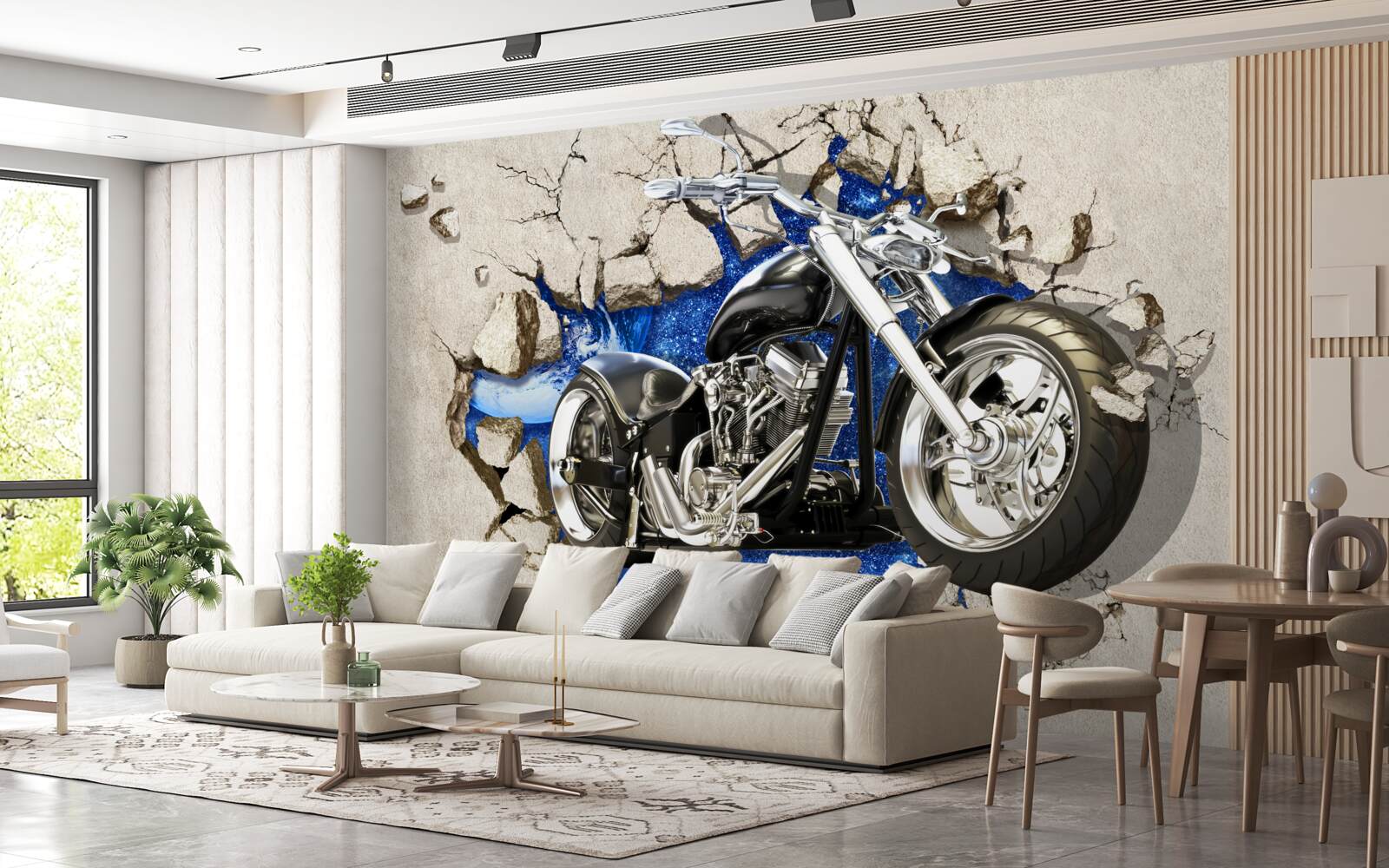 Фотошпалери чорний мотоцикл, зображений на стіні