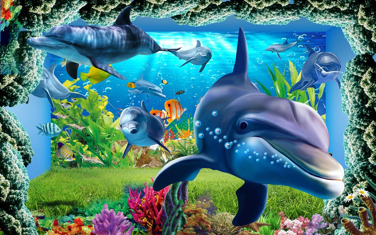 Фотошпалери дельфіни у водному середовищі