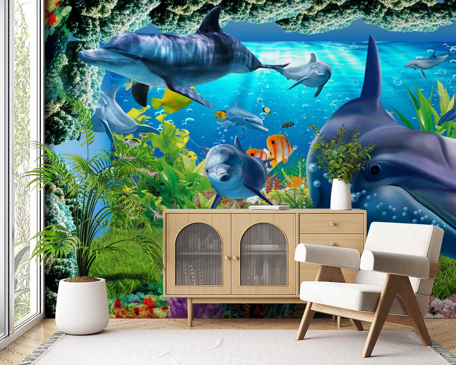 Фотошпалери дельфіни у водному середовищі