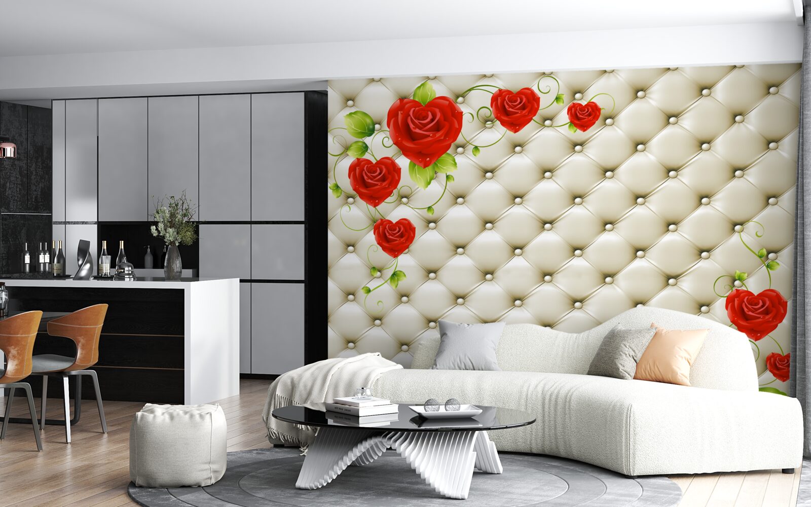 Фотошпалери тканинна фактура з декоративними елементами та червоними трояндами