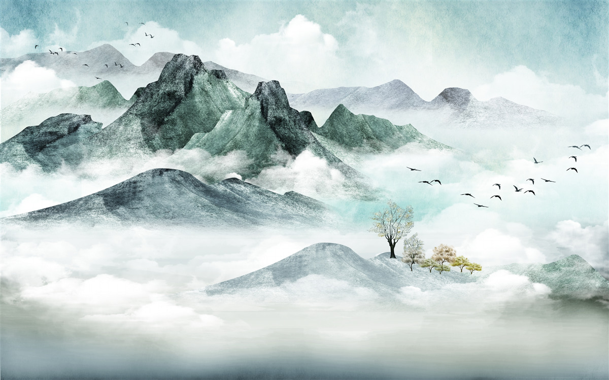 Фотошпалери пейзаж скелястих гір, оточених туманом