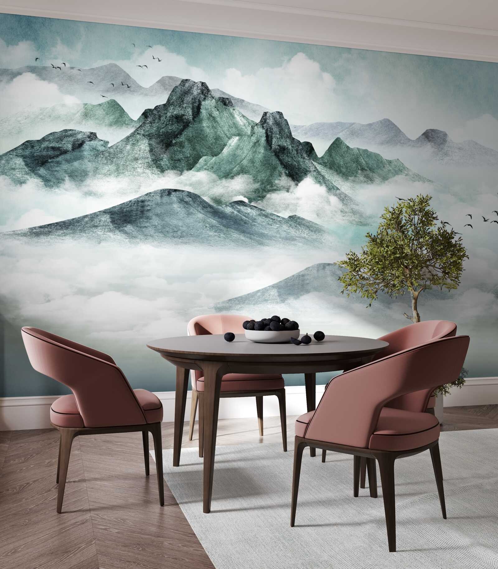 Фотошпалери пейзаж скелястих гір, оточених туманом