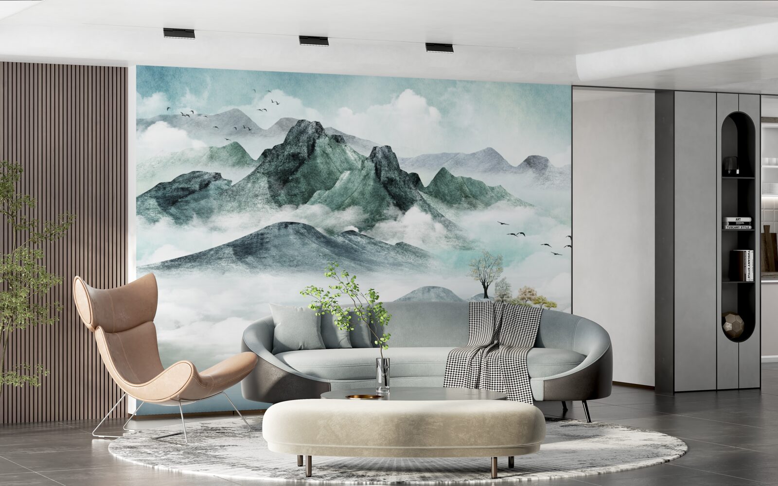 Фотошпалери пейзаж скелястих гір, оточених туманом