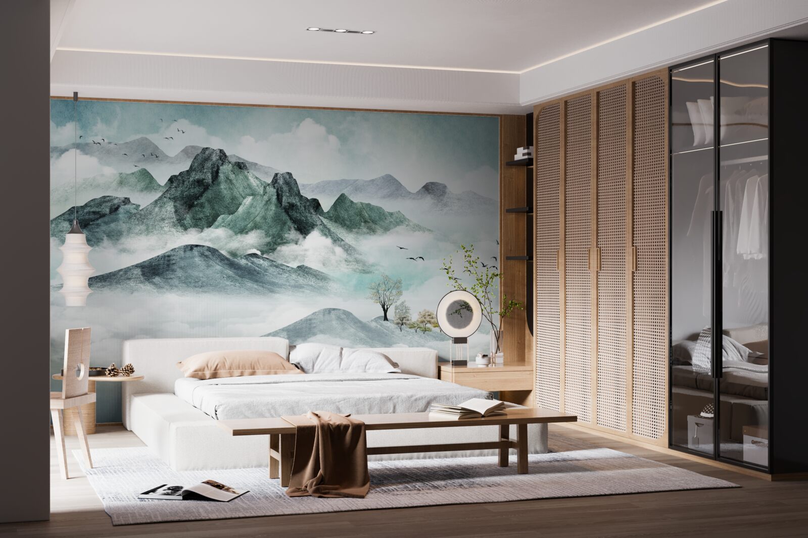 Фотошпалери пейзаж скелястих гір, оточених туманом