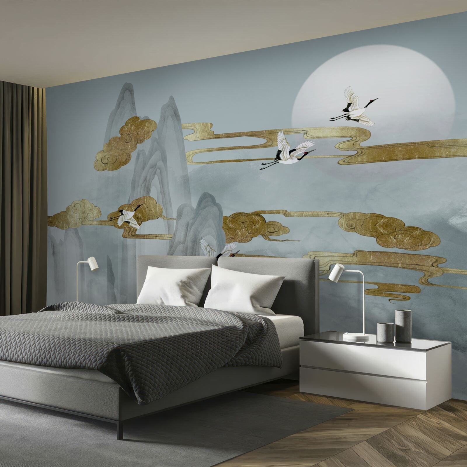 Фотошпалери сірі вершини відстають, коли пролітають журавлі