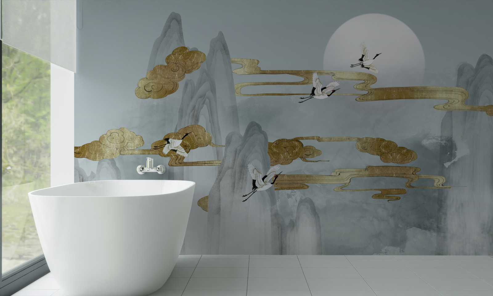 Фотошпалери сірі вершини відстають, коли пролітають журавлі