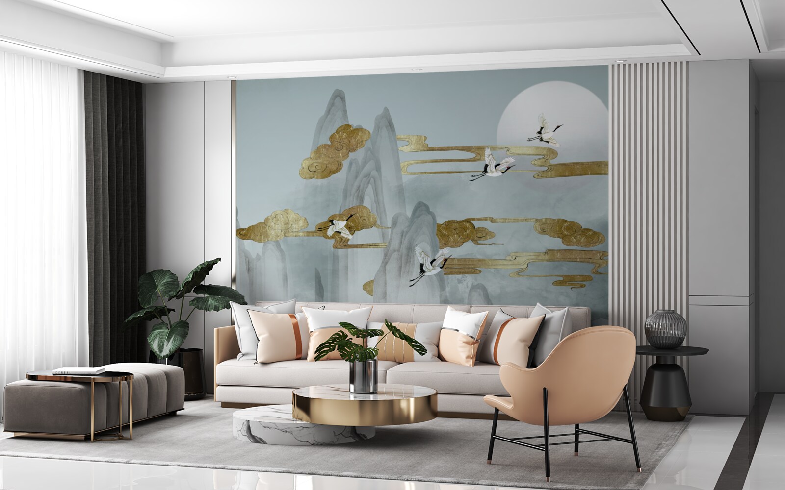 Фотошпалери сірі вершини відстають, коли пролітають журавлі