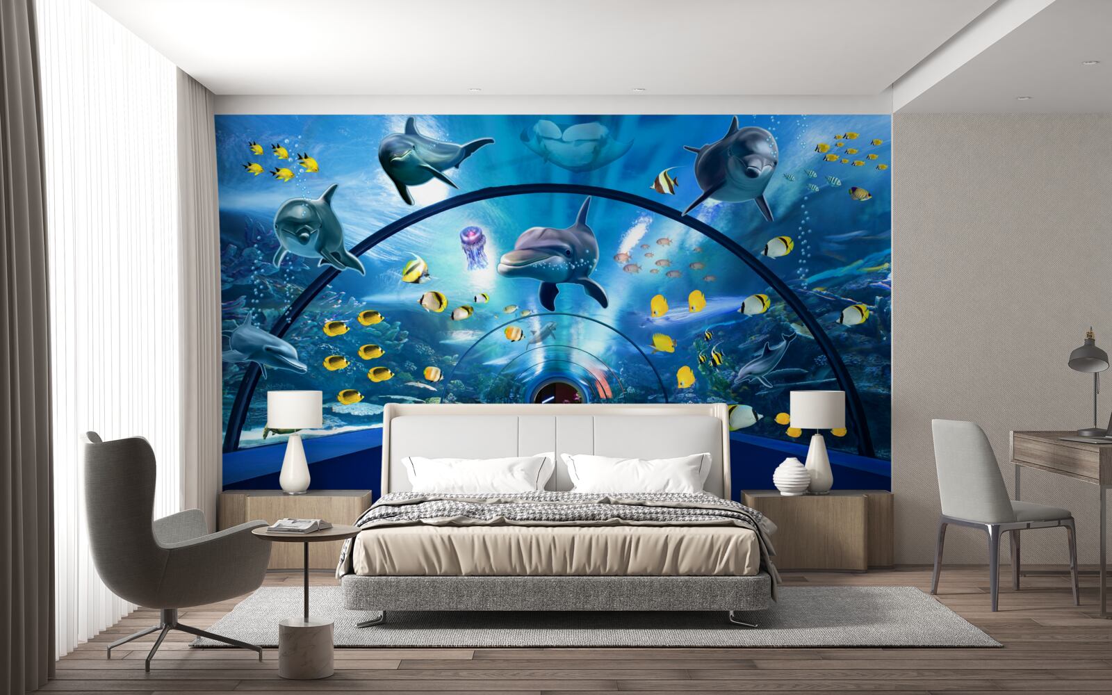 Фотошпалери в акваріумі є дельфіни та рибки