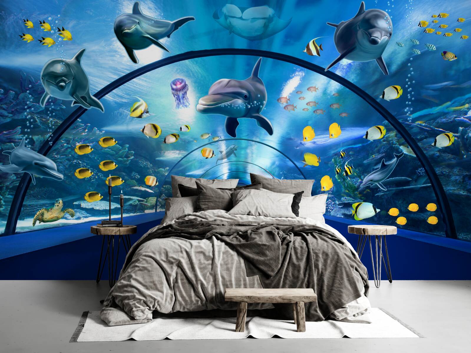 Фотошпалери в акваріумі є дельфіни та рибки