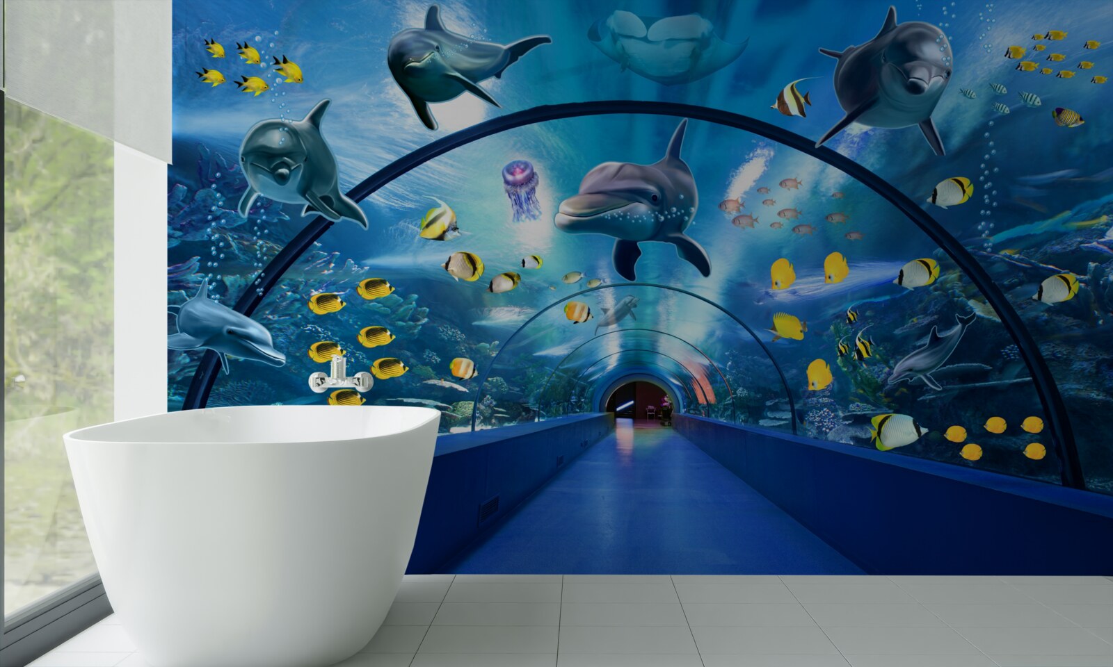 Фотошпалери в акваріумі є дельфіни та рибки